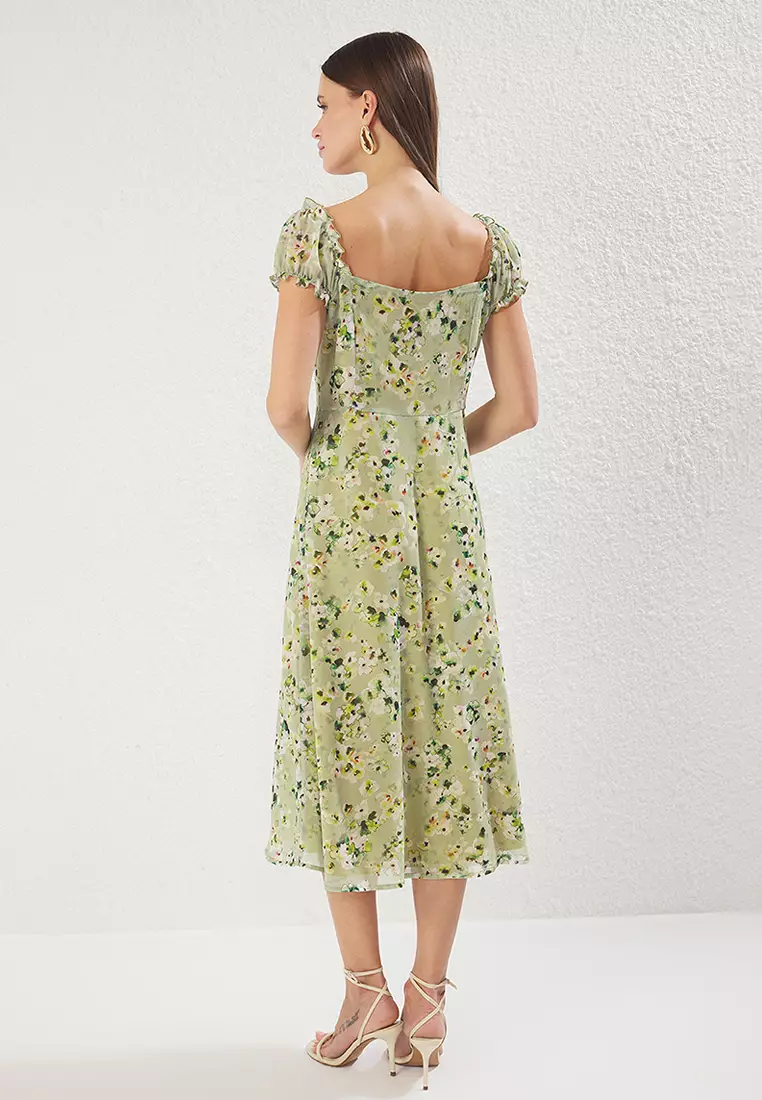 Light Green Floral Midi Lined Chiffon Woven Shirt Dress TWOSS25EL00563