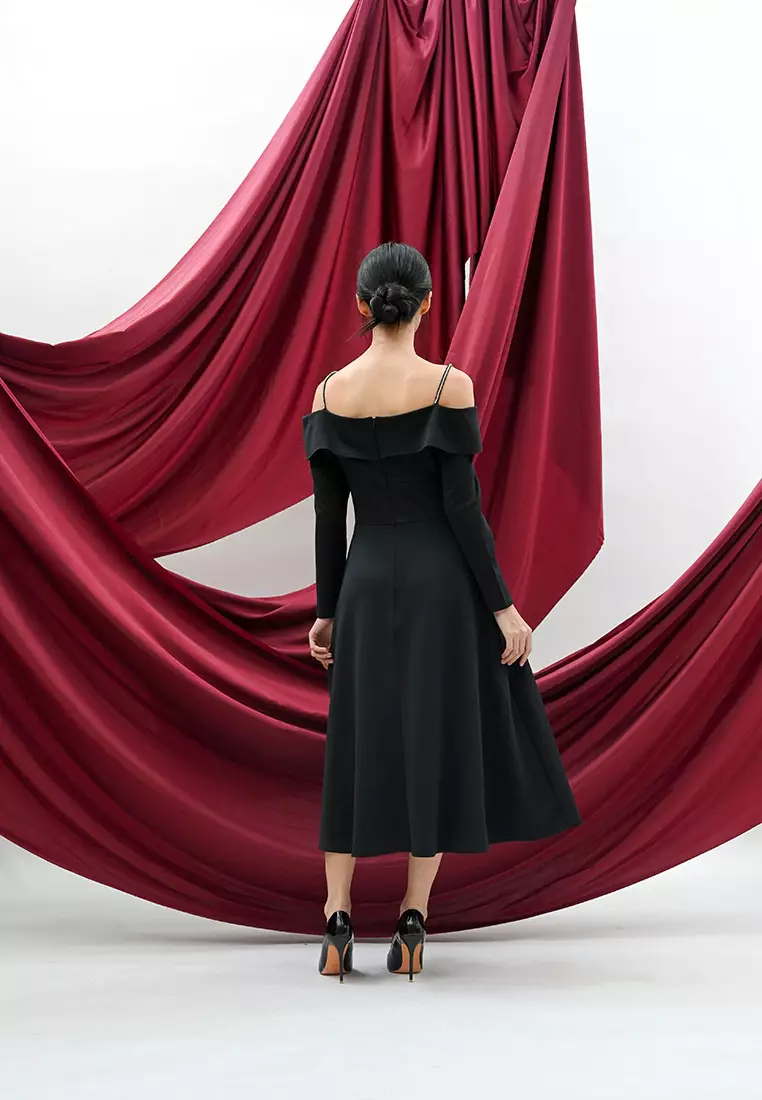 Scuba Off Shoulder Rhinestone Dress in Black