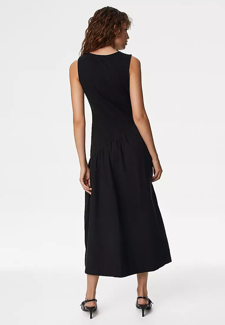 Cotton Blend Textured Midi Drop Waist Dress