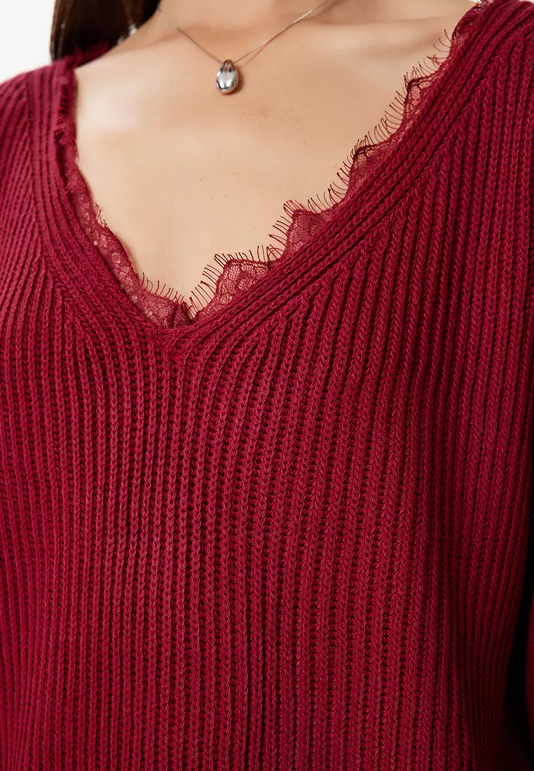 Women's Burgundy Lace Detailed Knitwear Sweater Ki̇00141