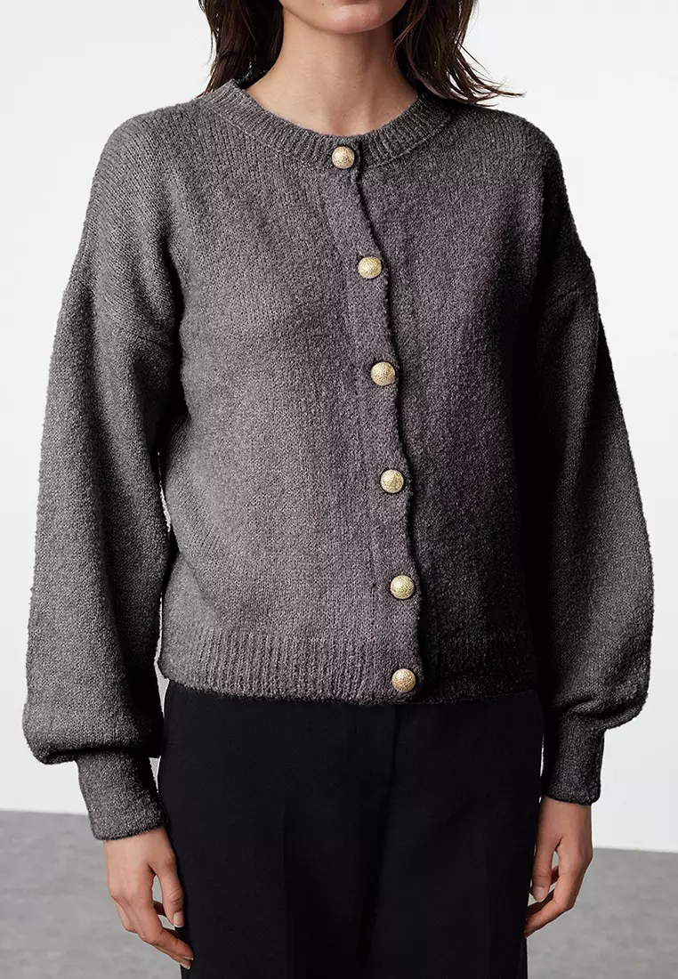 Anthracite Button Detailed Soft Texture Knitted Cardigan