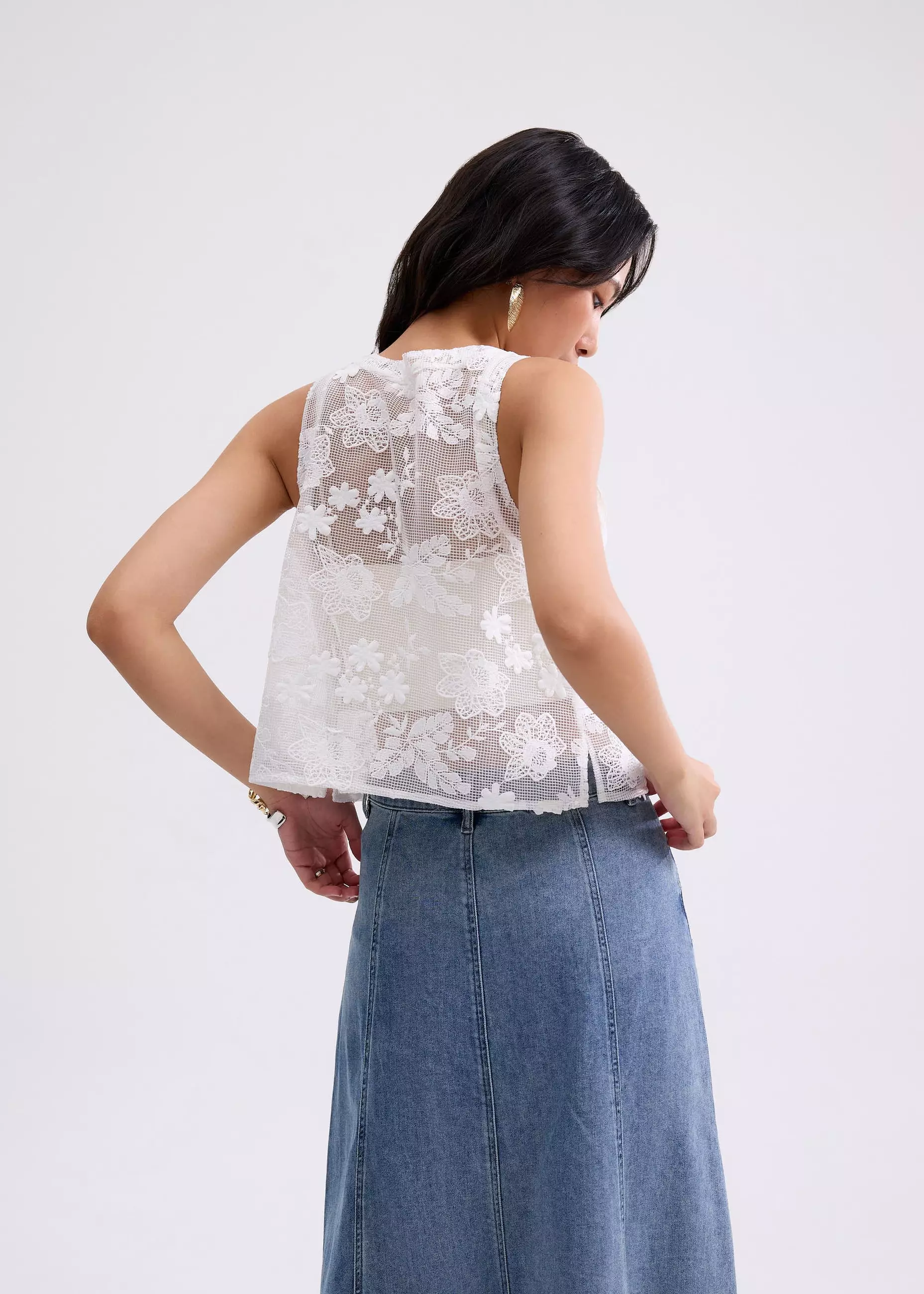 Vest Wanita - Lace Embroidery Boxy Crop Vest