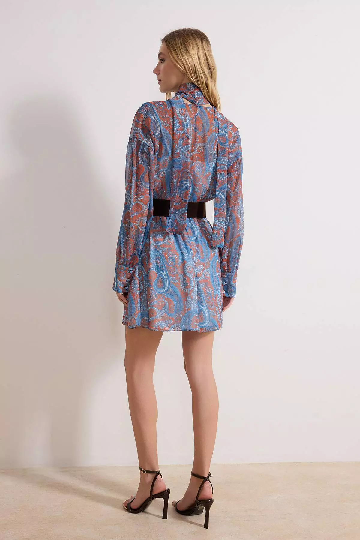 Multi-Colored Scarf Detailed Suede Belted Mini Woven Dress Twoaw26El377
