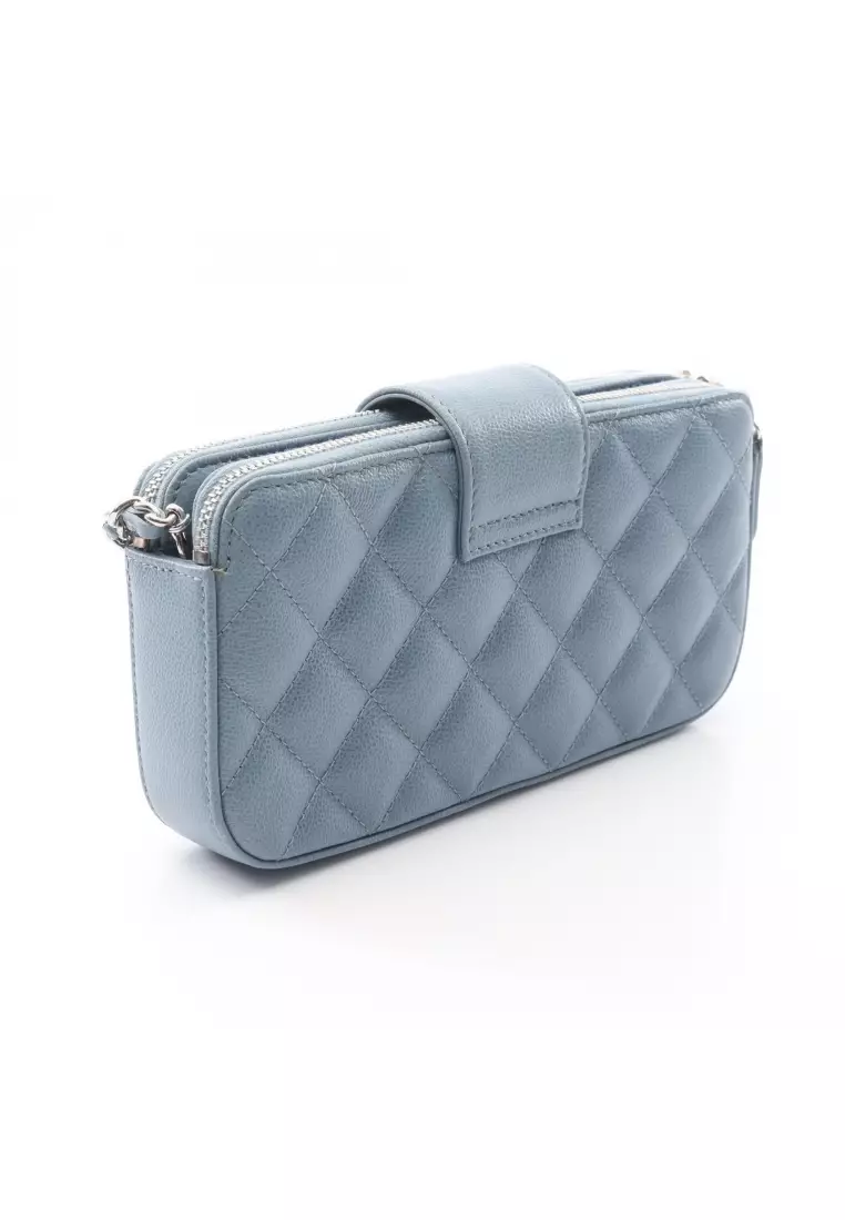 Pre-Loved Chanel Half Coco Mark matelasse chain wallet Caviar skin Light blue silver hardware