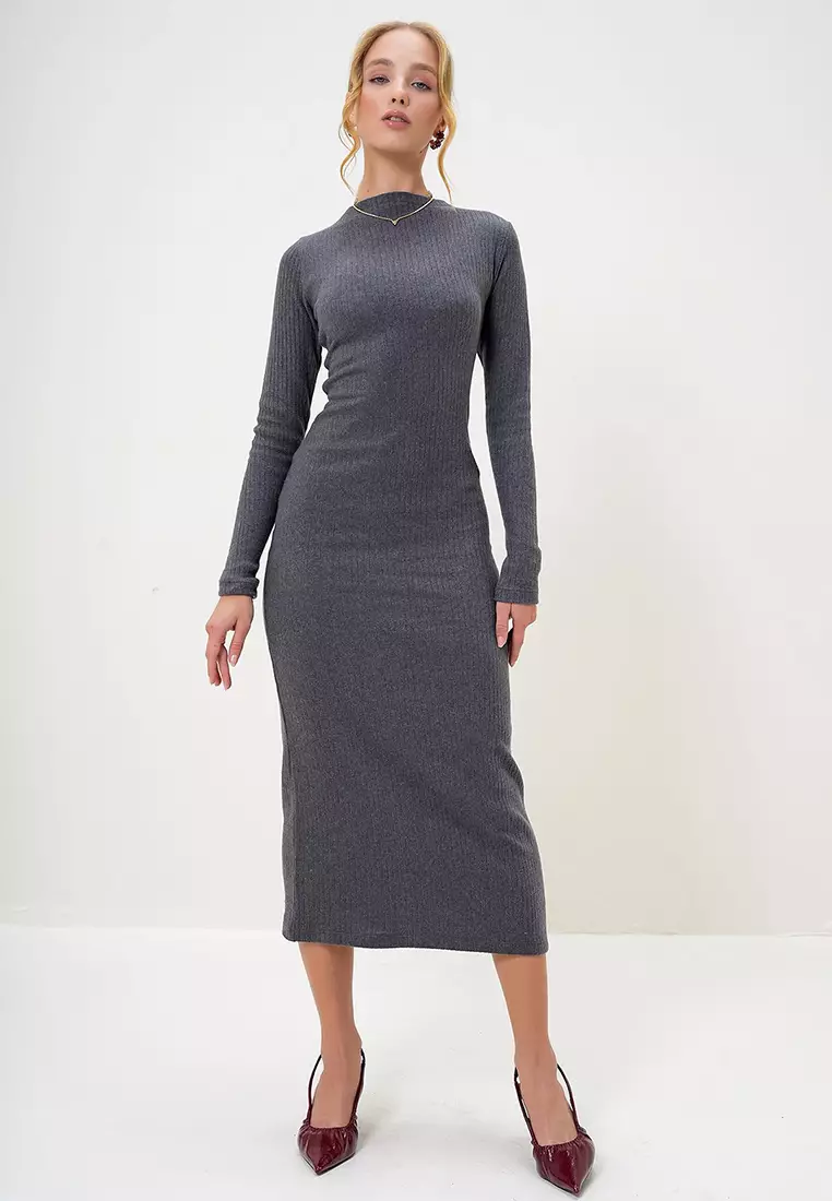 Crew Neck Long Sleeve Interlock Fabric Midi Length Dress