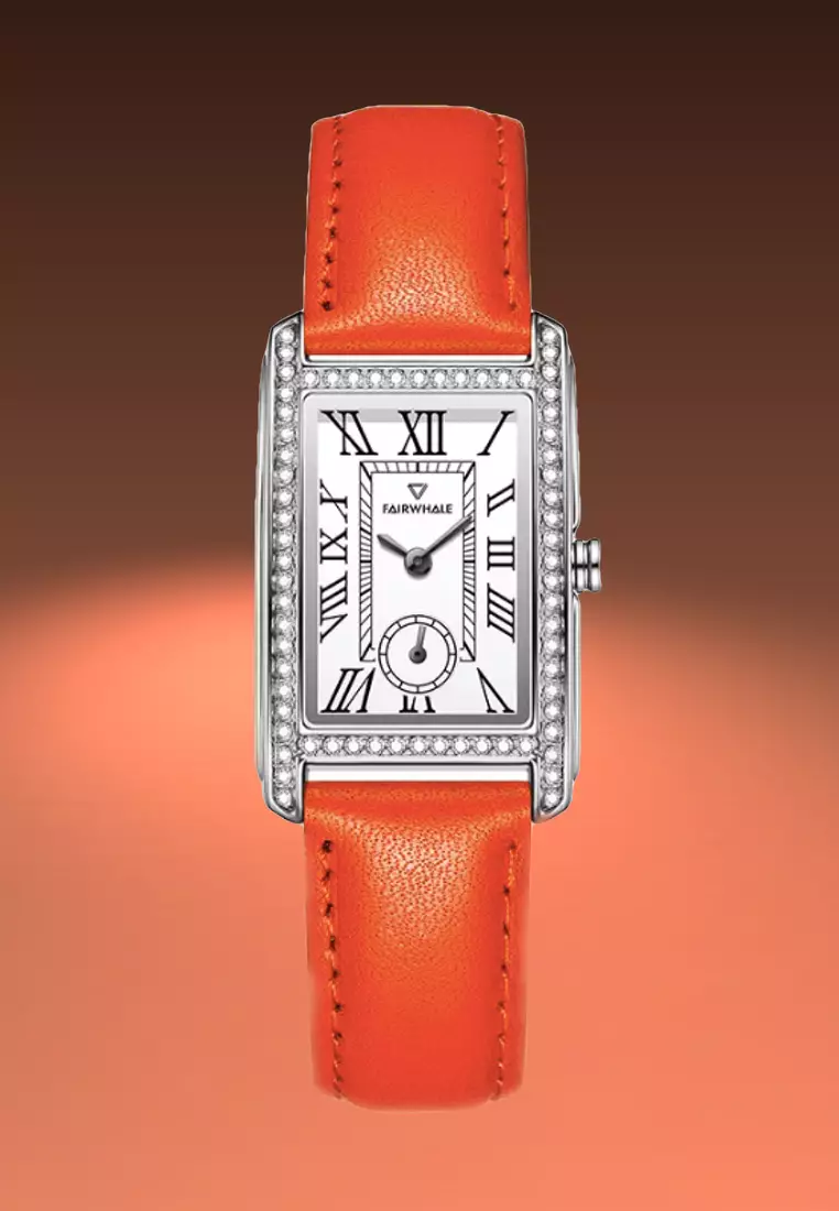 Ladies Stainless Steel Quartz Watch, Orange Leather Strap
