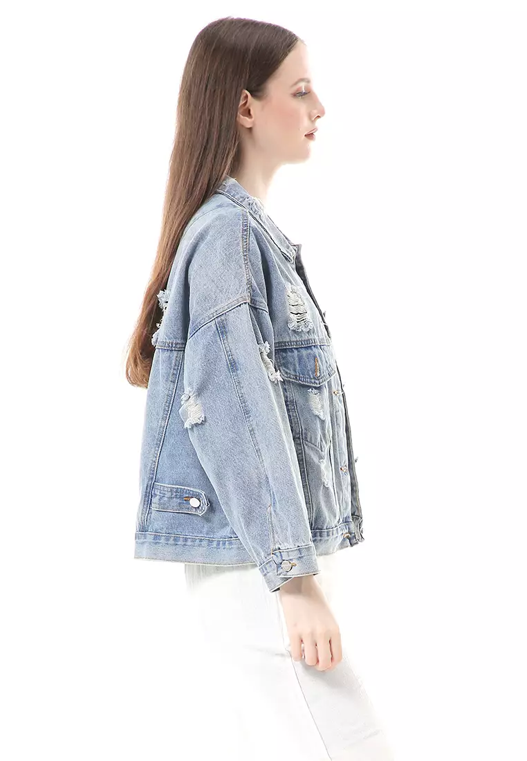 Clara Jaket Jeans Atasan Wanita Oversize Motif Polos High Quality - Blue