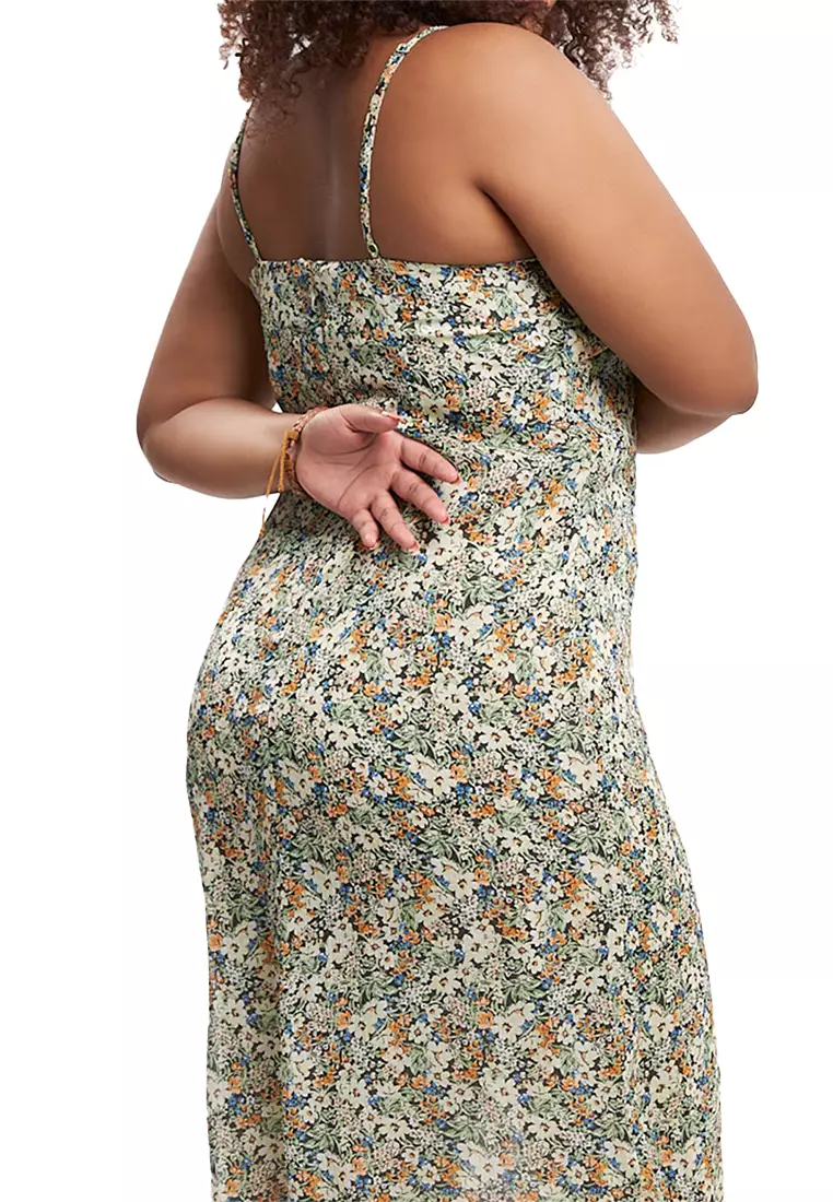 Floral Chiffon Midi Slip Dress With Slit