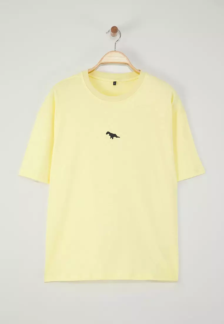 Yellow Oversize/Wide Cut Short Sleeve Dinosaur Embroidered 100% Solid Fabric T-shirt TMNSS23TS00243