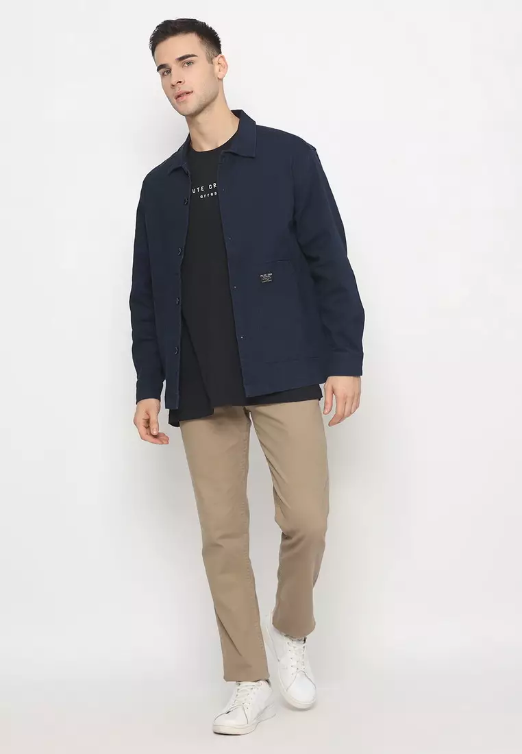 POLICE Kemeja Polos Semi Jaket Navy Regular Fit Lengan Panjang Pria