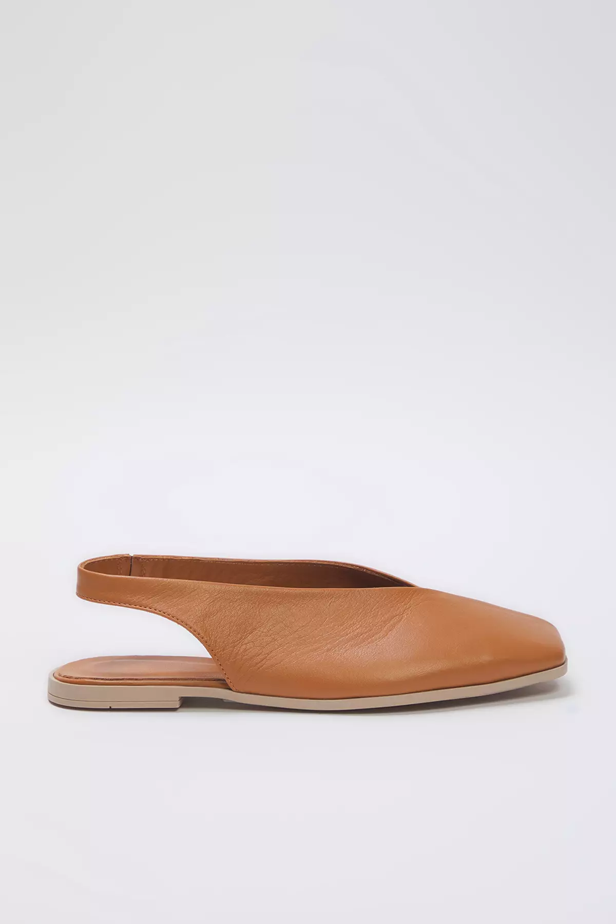 Tan Genuine Leather Open Back Square Toe Women's Flats Takss25Be00018