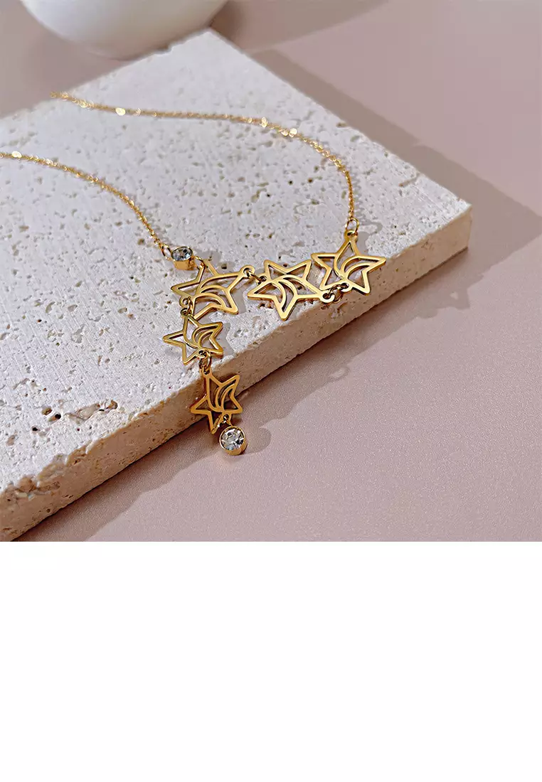 Fashion and Simple Plated Gold 316L Stainless Steel Hollow Star Tassel Pendant with Cubic Zirconia and Necklace