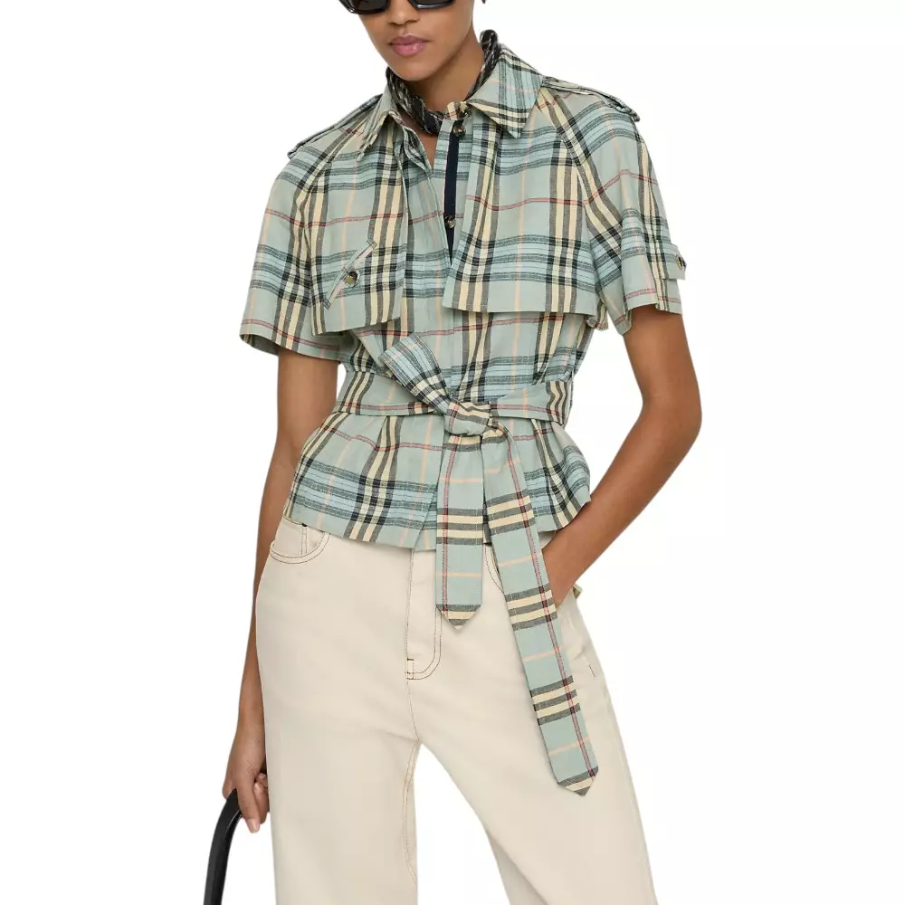 Cropped Check Linen Wool Trench Shirt Pale Slate Blue/Black