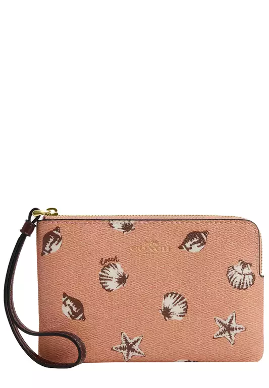 Corner Zip Wristlet with Shell Print - Coral/ Maple CBP23