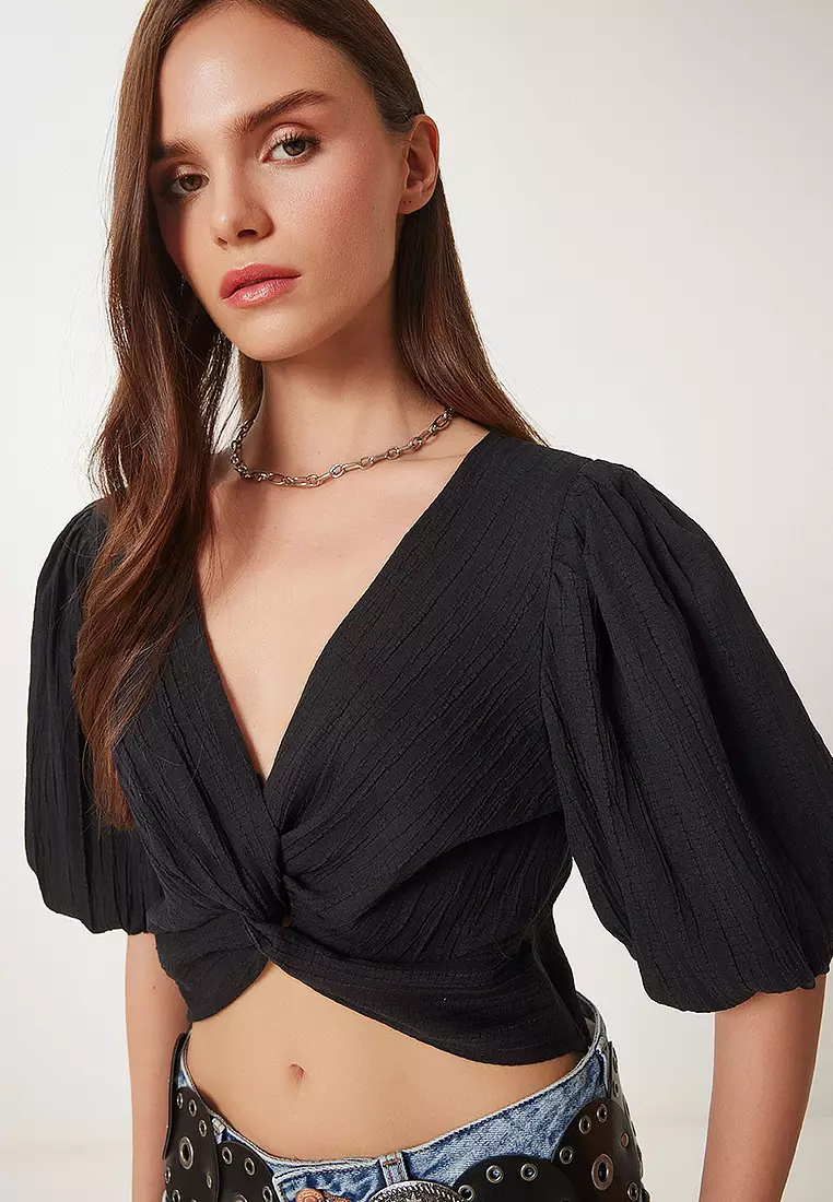 Balloon Sleeve Crop Woven Blouse