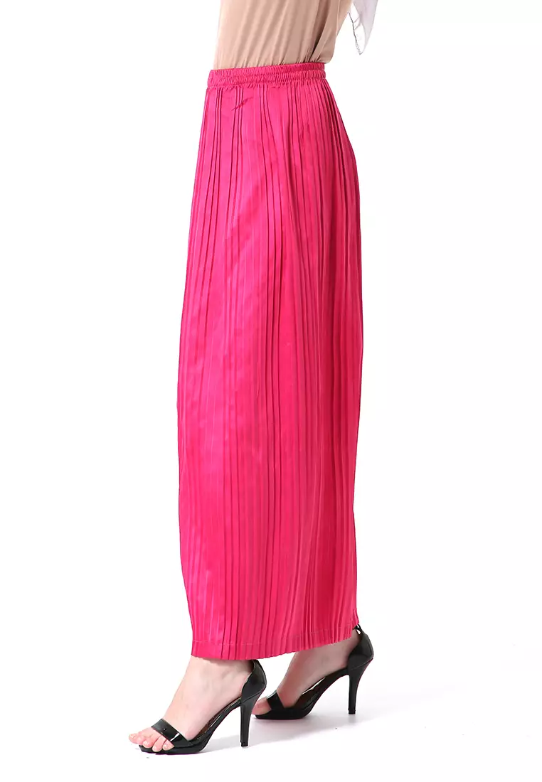 Angely Rok Plisket Rubbery Waist Fashion Wanita Simple - Pink Fanta