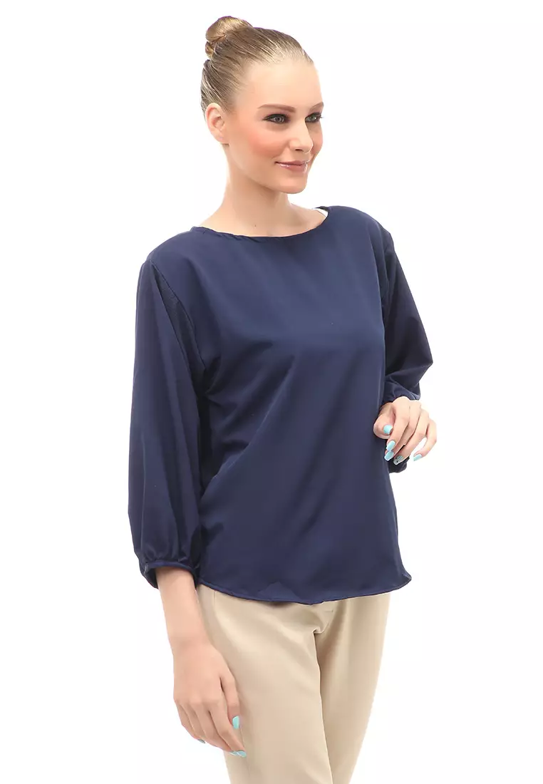 Blouse Lengan Balon Motif Solid Design Simple Regular Fit - Navy