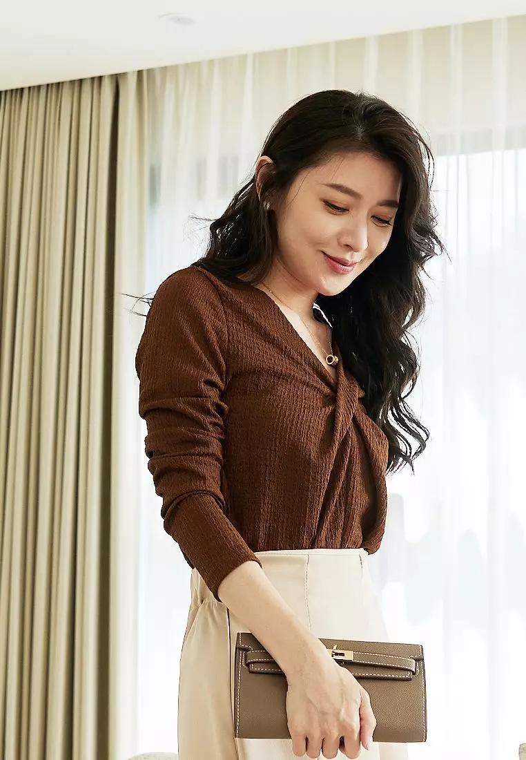 Textured Twist-Front  Chiffon Long Sleeve Top [AB18052]