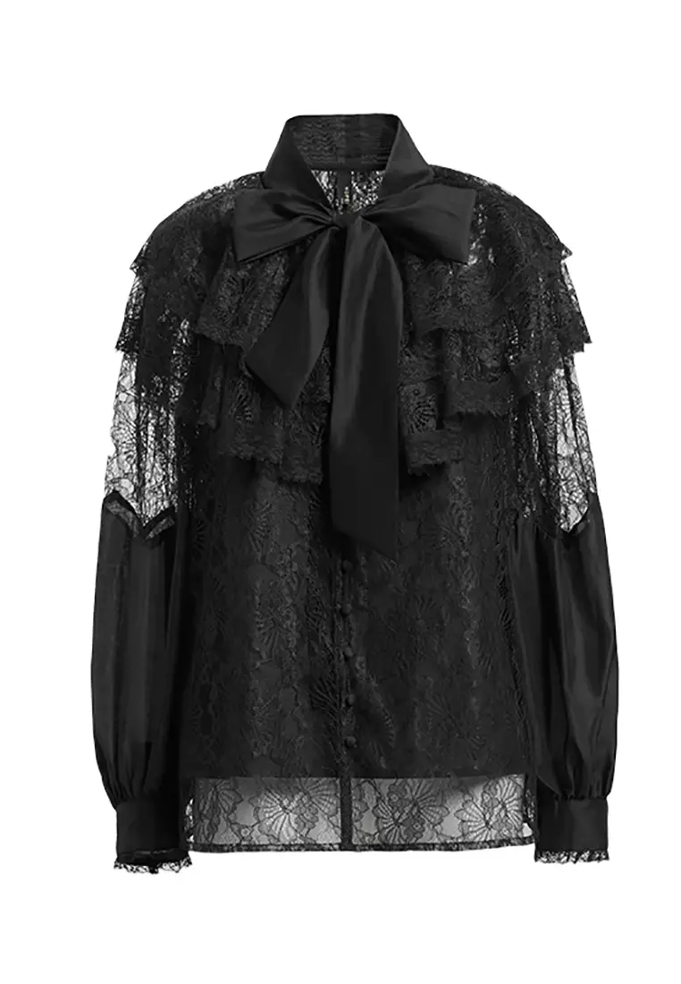 Embroidery Laced Blouse with Ribbon Tie