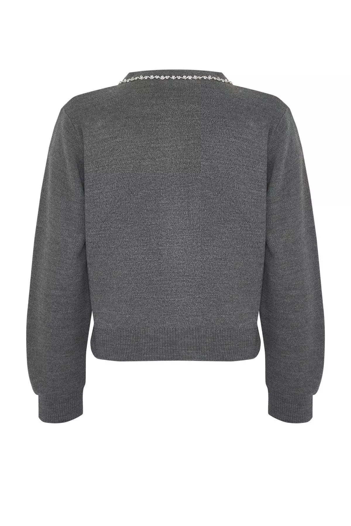 Anthracite Stone Detailed Soft Textured Double Knitwear Cardigan Blouse