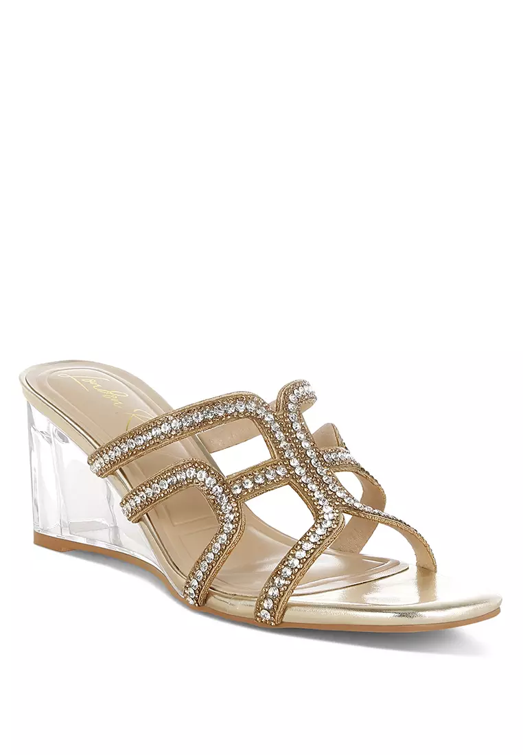 Metallic Rhinestone Clear Wedge Sandals In Gold