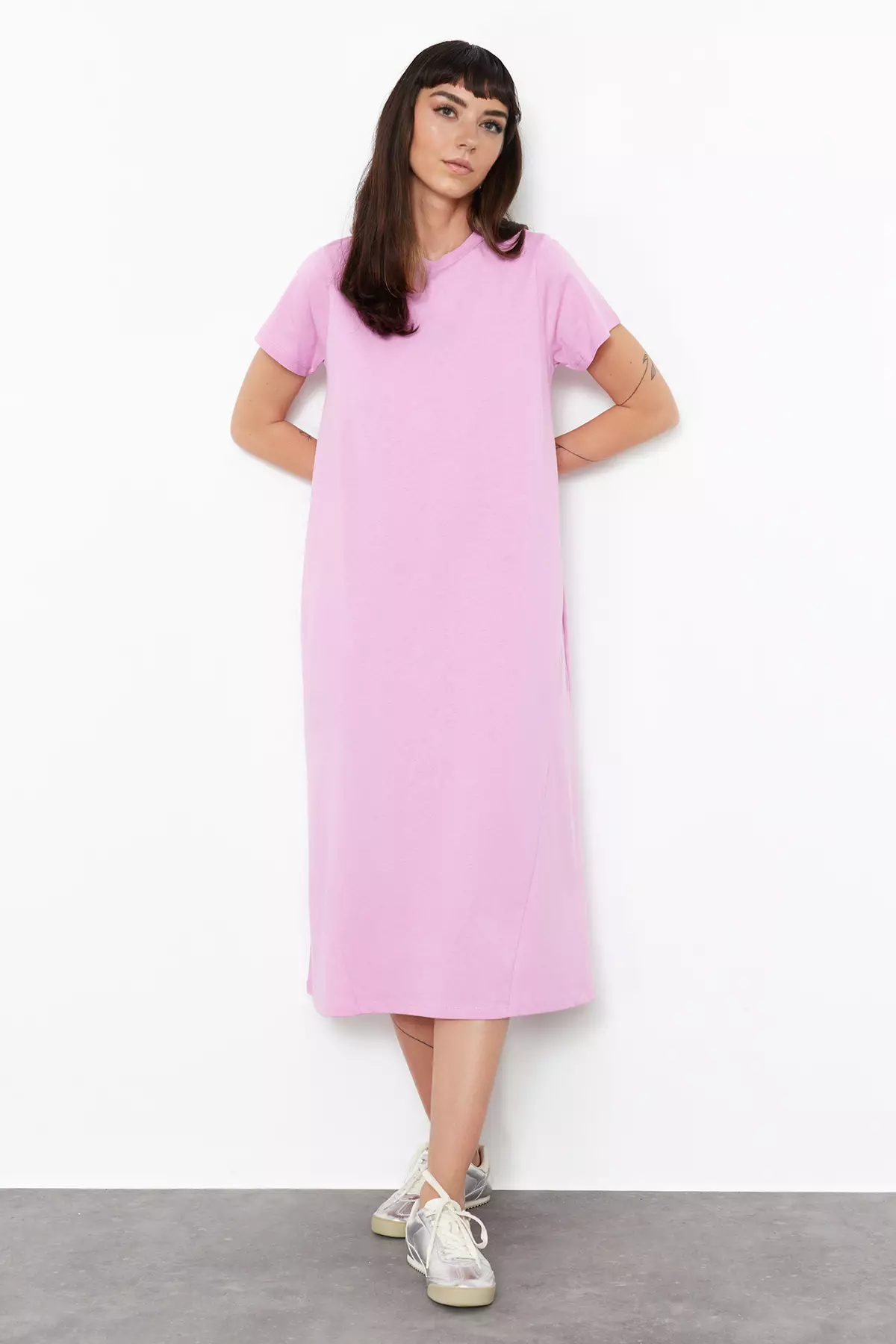 Pink Midi Knitted Dress Plain T Shirt Pocket