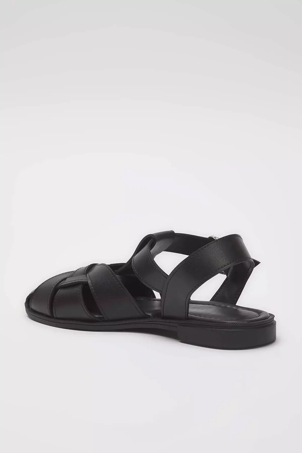 Black Flat Sole Round Toe Women's Closed Front Cage Sandals Takss25Sd00060