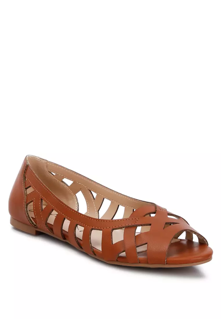 Tan peep toe store flats