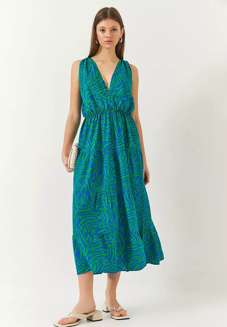 Women's Double Breasted Neckline Elastic Waist Back Rope Tie Print Dress 60261428