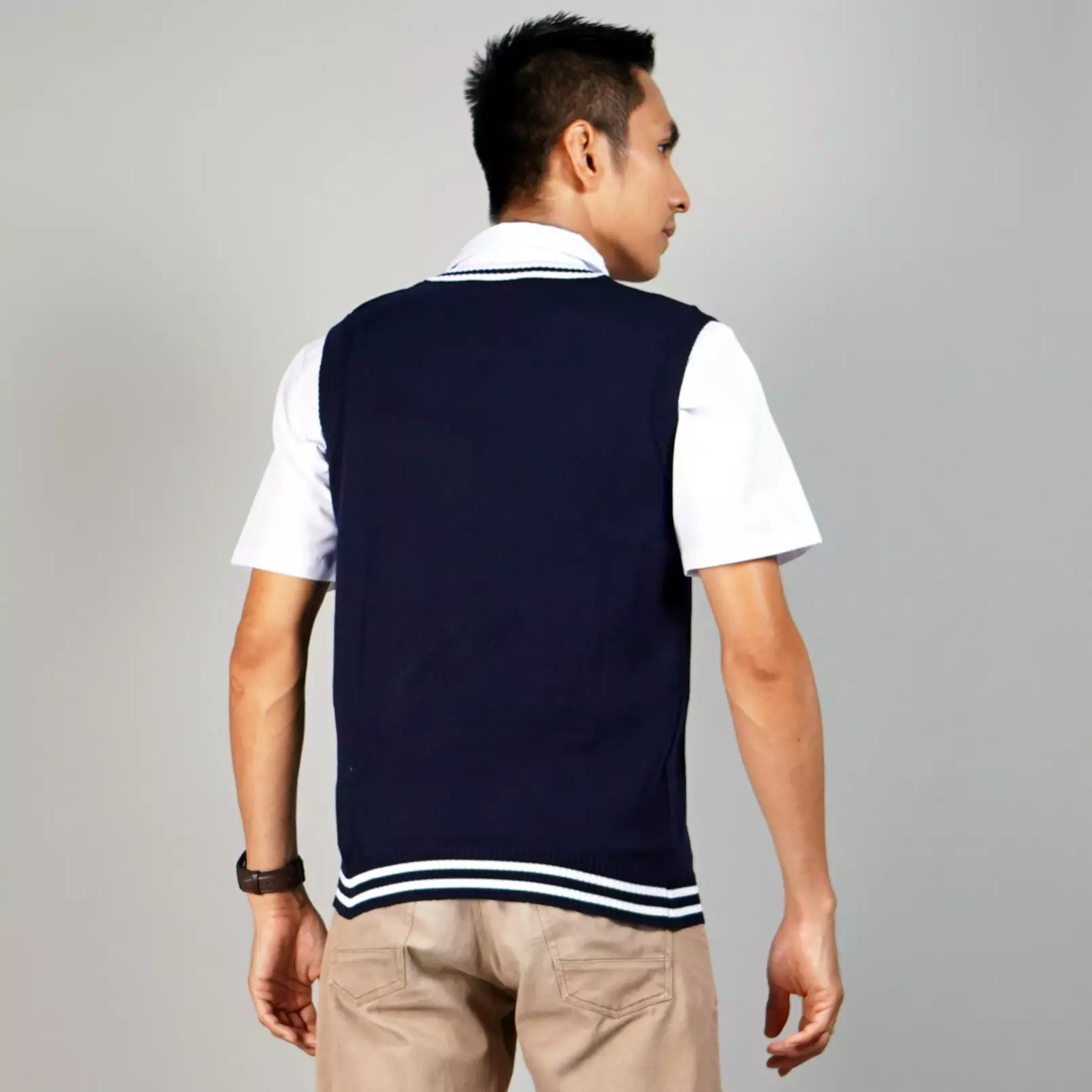 VICKO Rompi Navy Pria Rompi SMP Rompi List Putih Knit Vest Outer Pria - NAVY