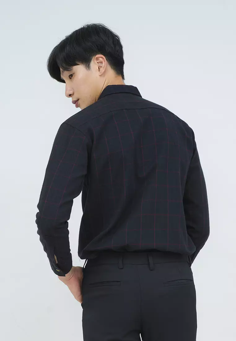 Kemeja lengan panjang pria formal slim fit black square houseofcuff