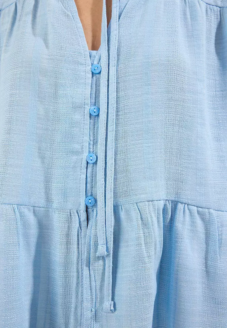 Light Blue Cotton Textured Lacy On Sleeve Regular Normal Fit Shirt
