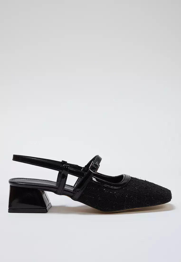 Trendyol Black Tweed Square Toe Mary Jane Women Block Heels Shoes Takss25To00023