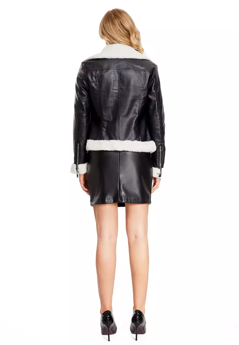 Cropped Fleece-lined Faux Leather Jacket AD5902
