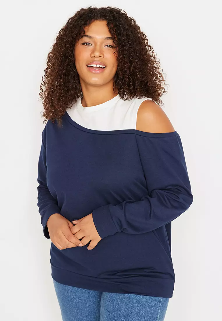 Navy blue off the shoulder sweater hot sale