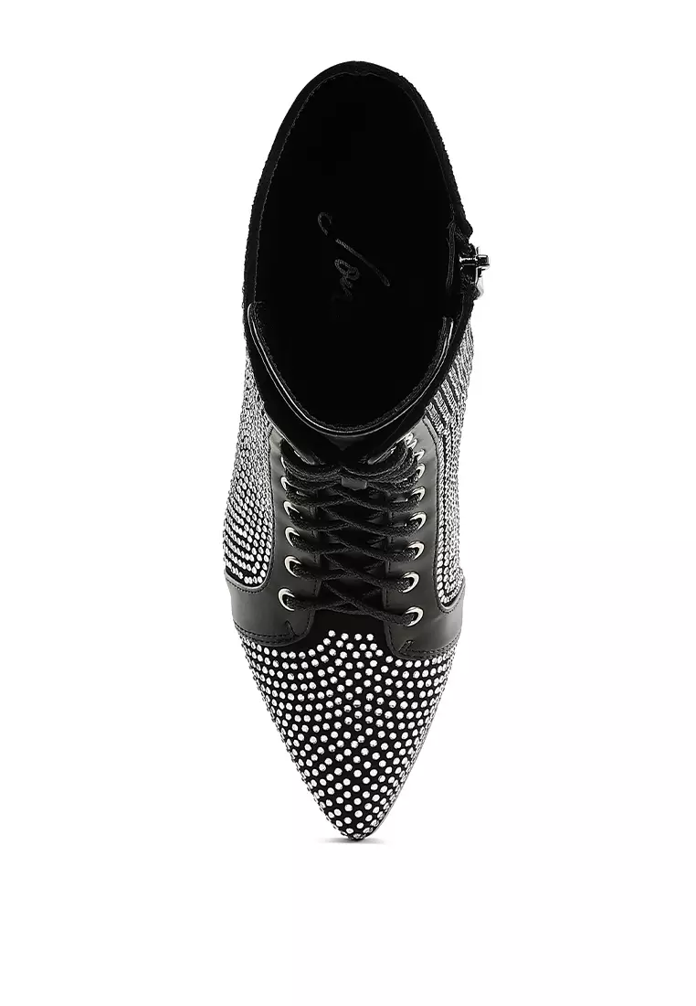 Sepatu Bot Pergelangan Kaki Berhias Berlian Imitasi Warna Hitam