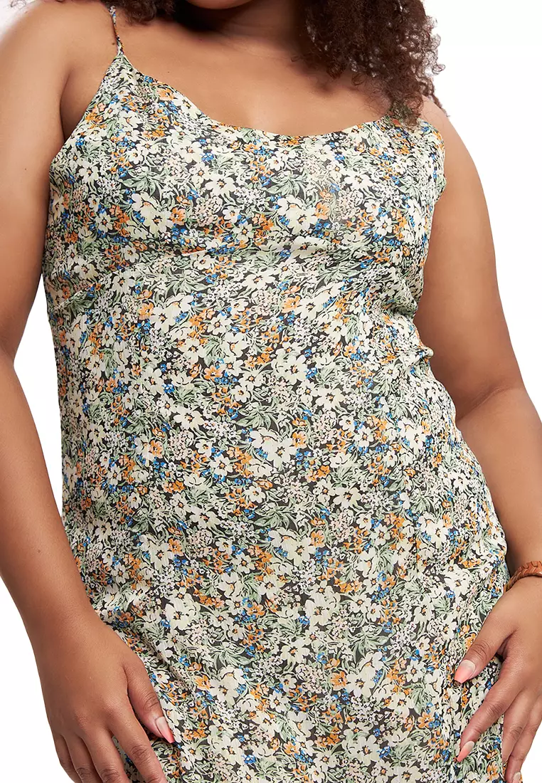 Floral Chiffon Midi Slip Dress With Slit