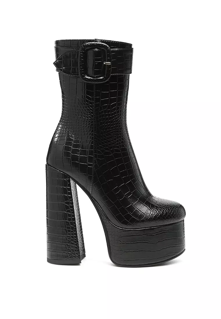 Discount on London Rag  shoes - SKU: Croc High Block Heeled Chunky Ankle Boots In Black