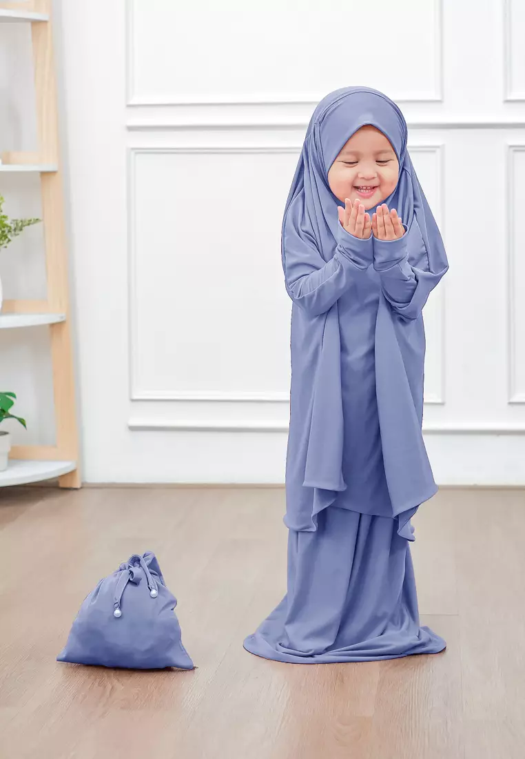 Zelena - Raudhia Prayer Set Anak | Set Mukena French Khimar - Blue