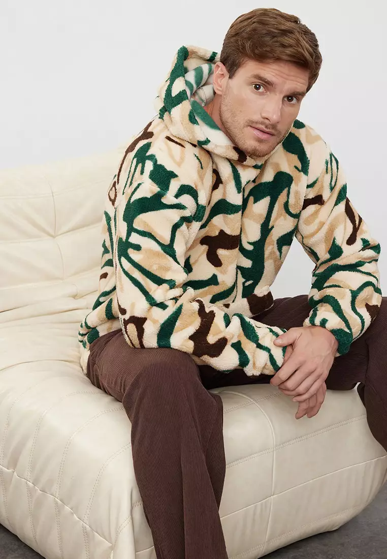 Multicolored Unisex Oversize/Wide Cut Patterned Sherpa Fleece/Plush Hooded Sweatshirt TMNAW25SW00147