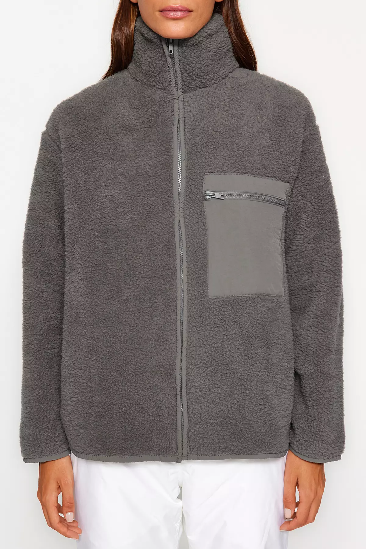 Winter Essentials 炭灰色 厚抓絨 拉鍊企領 口袋針織衛衣 Twoaw24Sw71