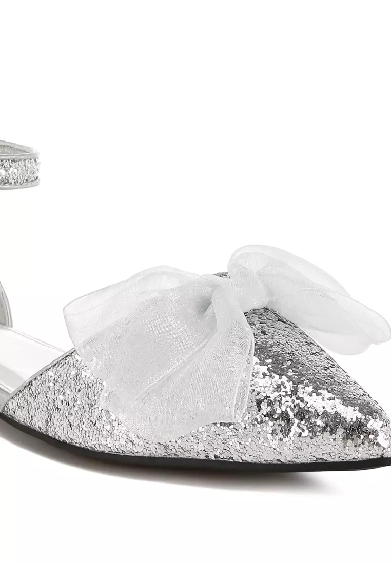 Sheer Bow Detail Glitter Flat Sandals in Silver