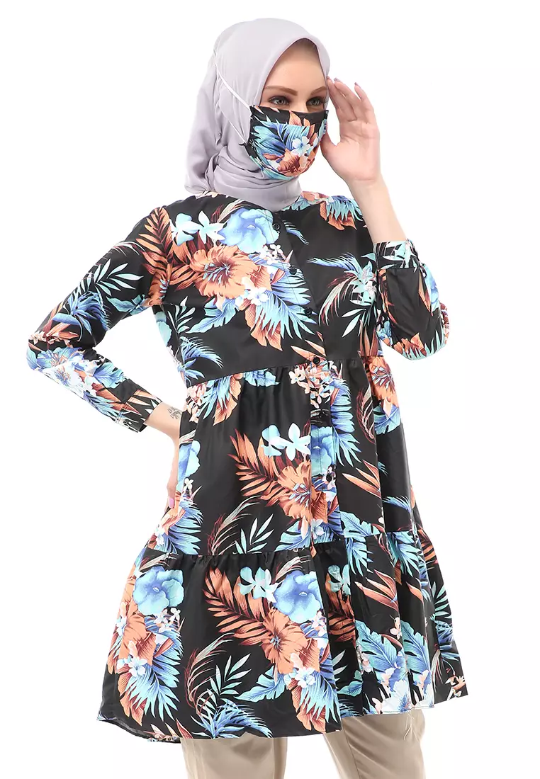 Sania Tunik Muslimah Atasan Wanita Long Sleeve Free Face Mask Premium Quality - 11 Hitam