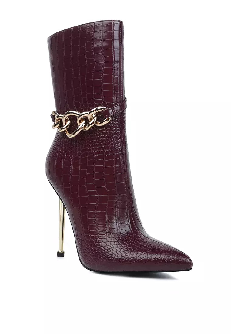 Buy London Rag Burgundy Croc Patterned High Heeled Ankle Boots