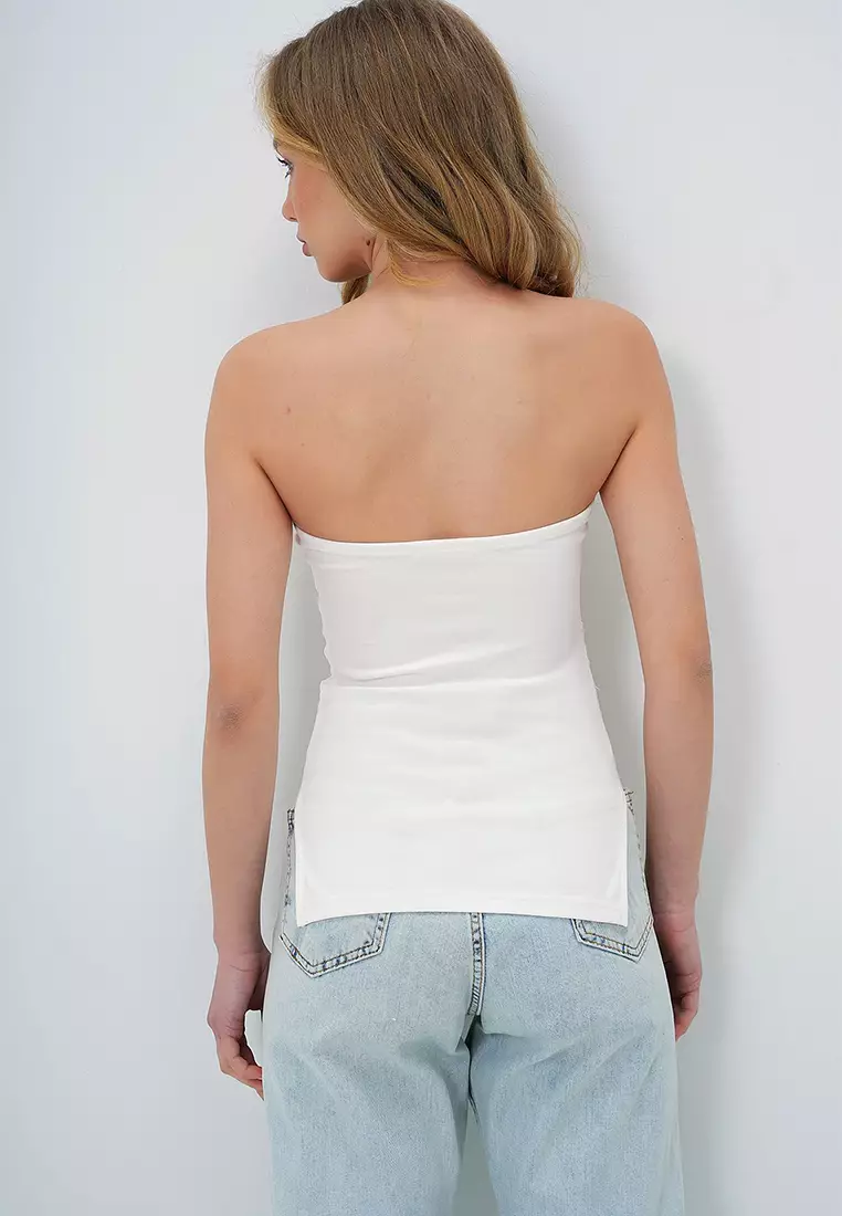 Women's White Strapless Side Slit Steel Knit Blouse Alc-X13752
