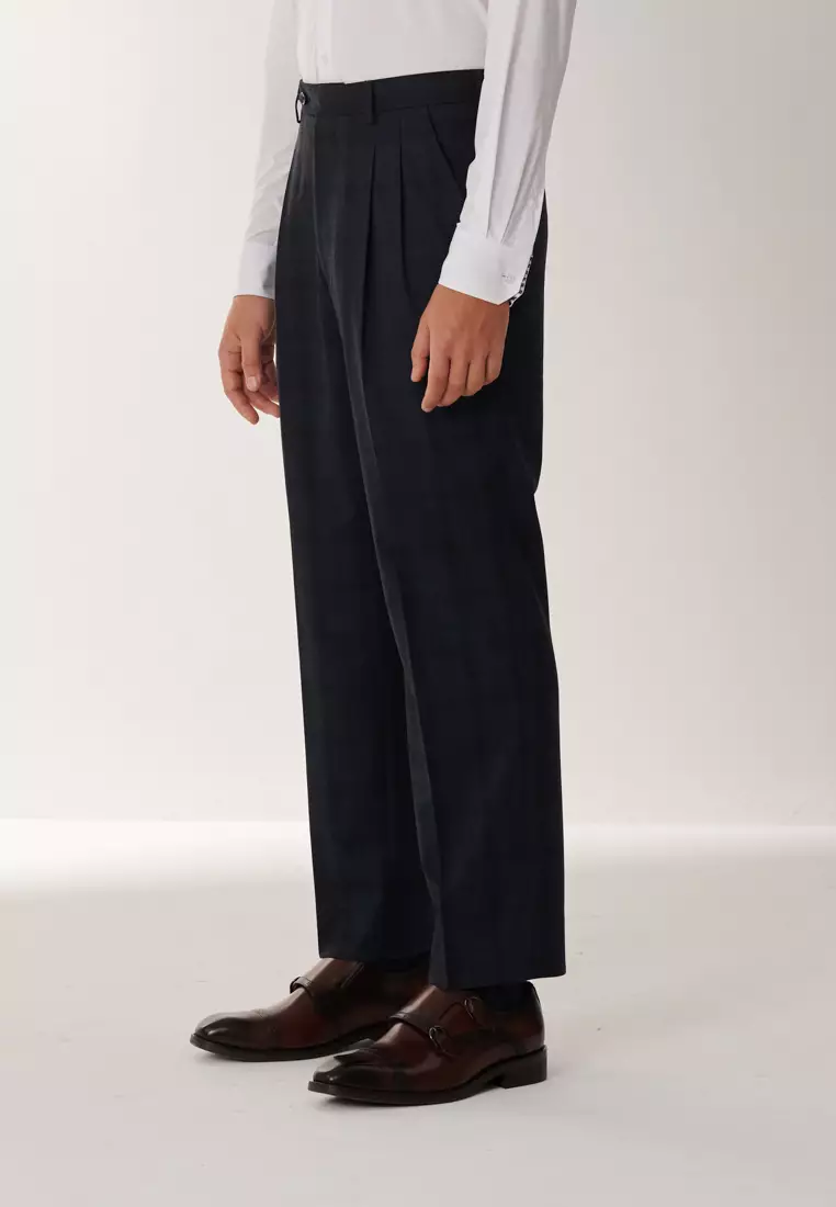 經典款海軍藍格紋寬鬆西裝褲