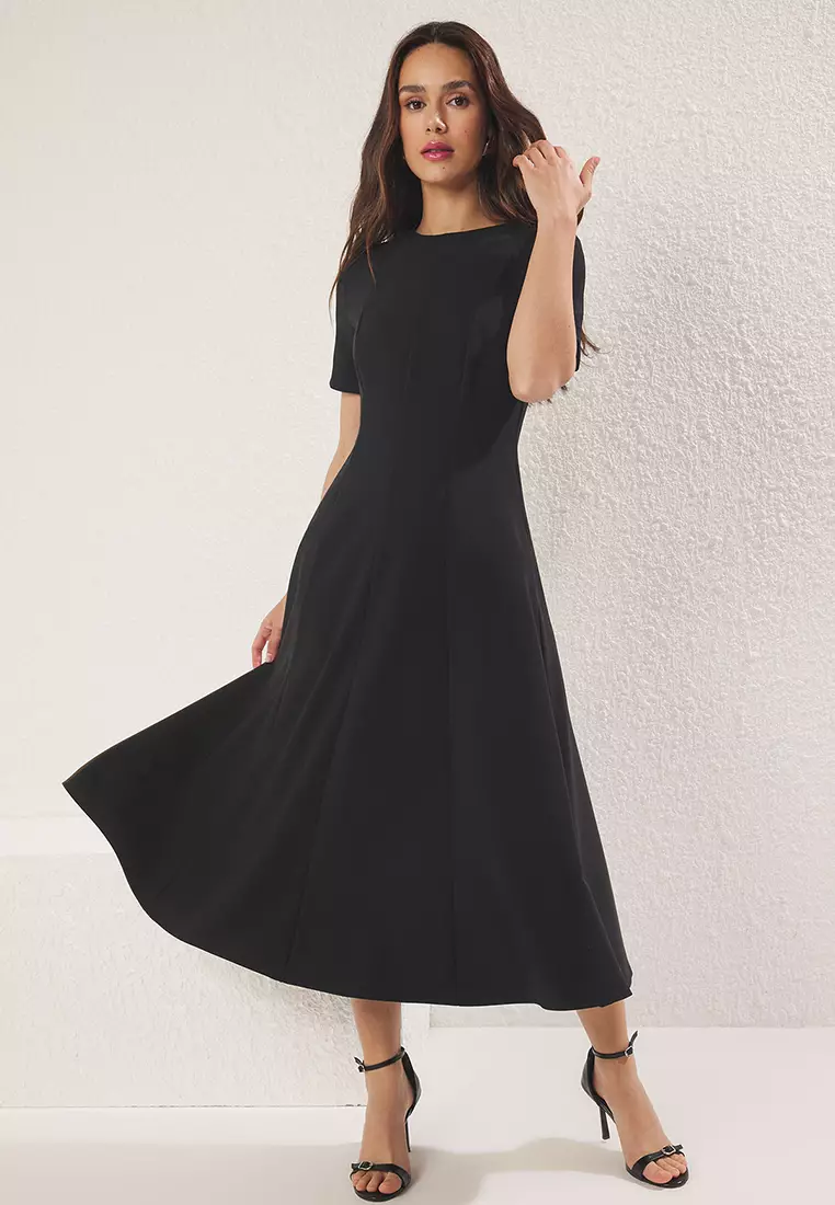 Black Midi Woven Dress with Open Waist Skirt TWOSS25EL00790