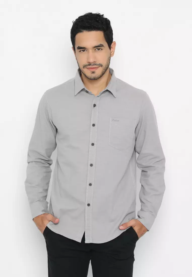 POLICE Kemeja Polos Cotton Slub Light Grey Regular Fit Lengan Panjang Pria