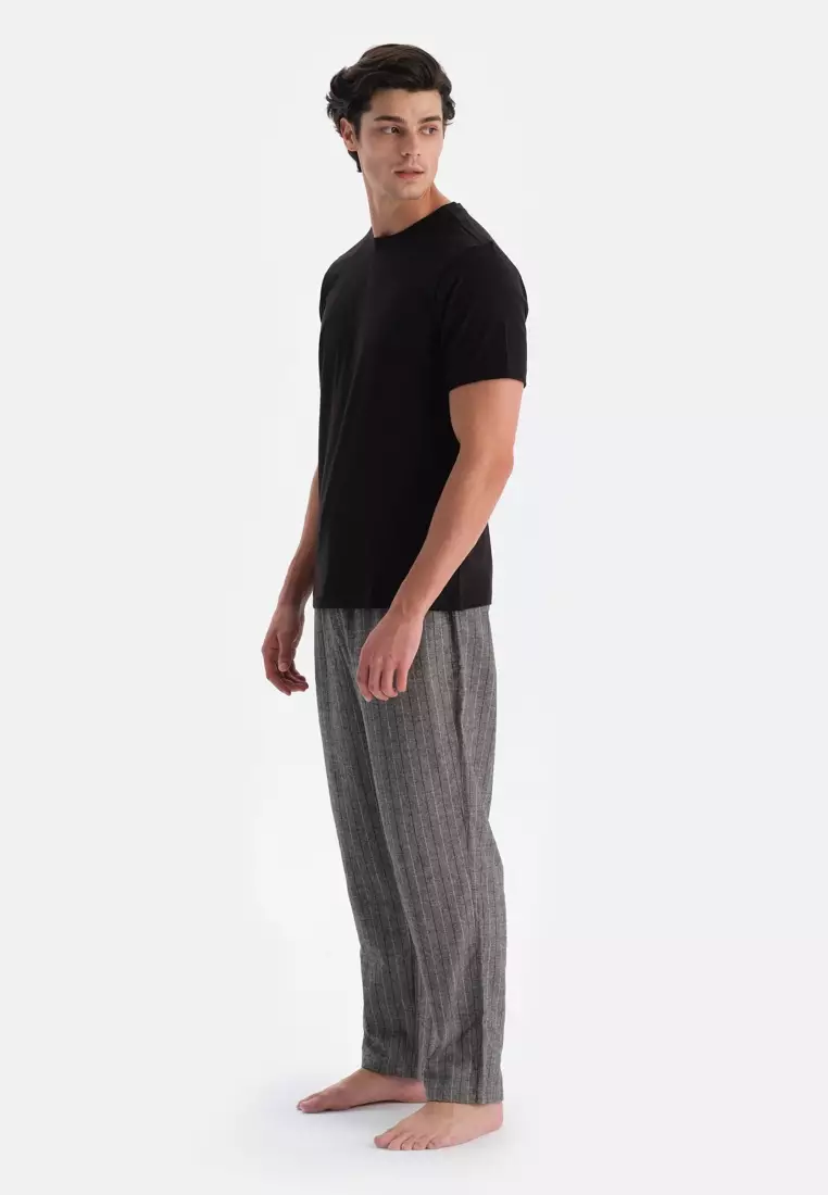 Grey Woven Trousers, Striped, Regular Fit, Sleepwear for Men