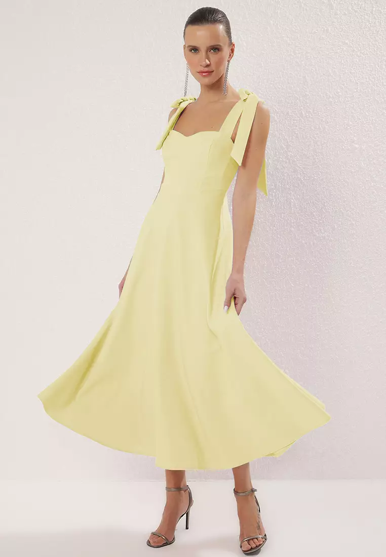 Light Yellow A Line Strap Lacing Detailing Midi Stylish Evening Dress